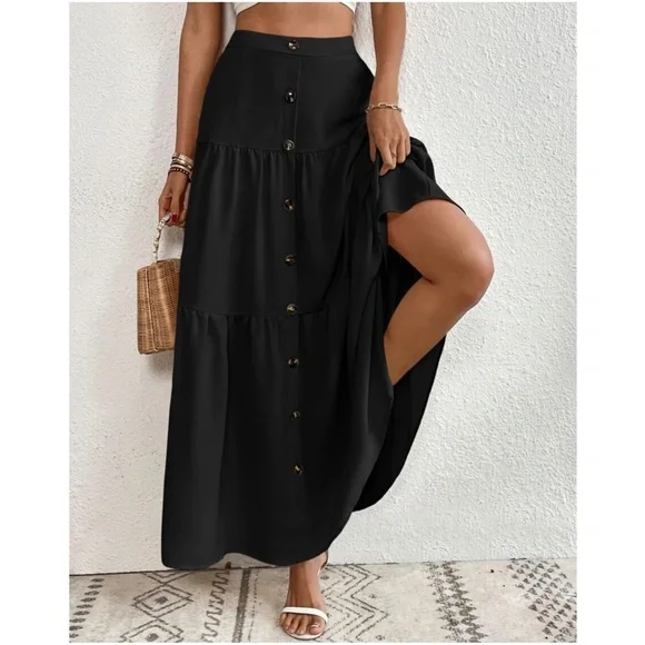 Solid High Waist Button Detail Ruffle Hem Maxi Skirt - Picture 1 of 16